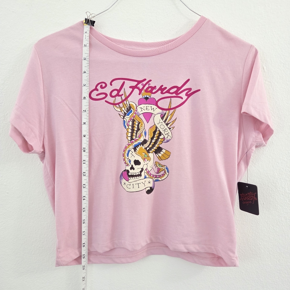 Y2K Ed Hardy Light Pink Snake Skull Tattoo Graphic Art XLarge Cropped Tee NYC - Picture 9 of 15